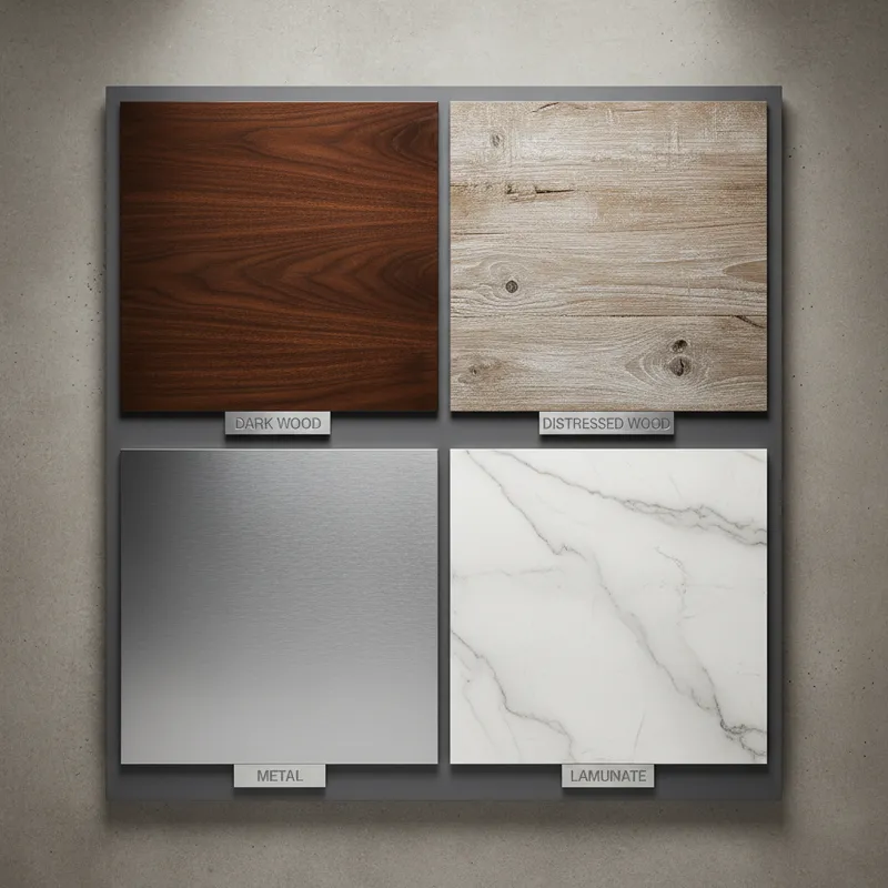 A composite image showing various material samples for dining tables: a smooth dark wood, a lighter distressed wood, a sleek metal finish, and a sampl