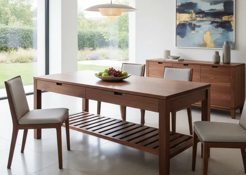Modern dark wood dining room table with built-in storage drawers or shelving underneath, surrounded by dining chairs.