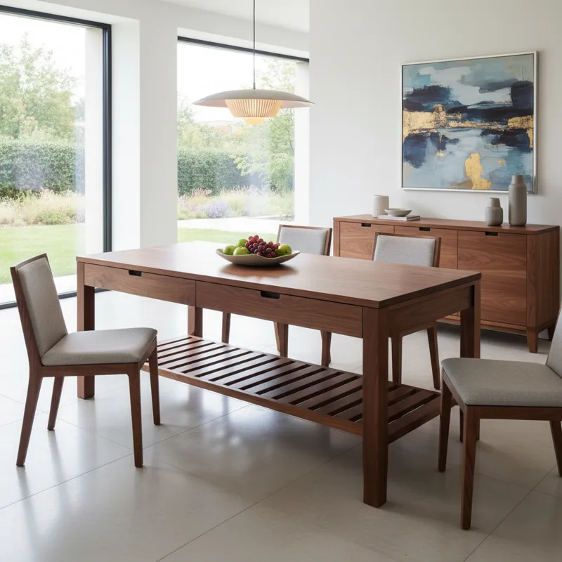 Modern dark wood dining room table with built-in storage drawers or shelving underneath, surrounded by dining chairs.