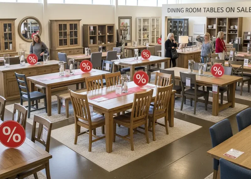 Stylish wooden dining room table on sale, comfortably seating six people, perfect for family meals and entertaining.