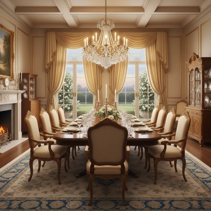 A wide, elegant dining room with a large rectangular dining table set for 12 people. The room has ample space around the table for chairs to be pulled