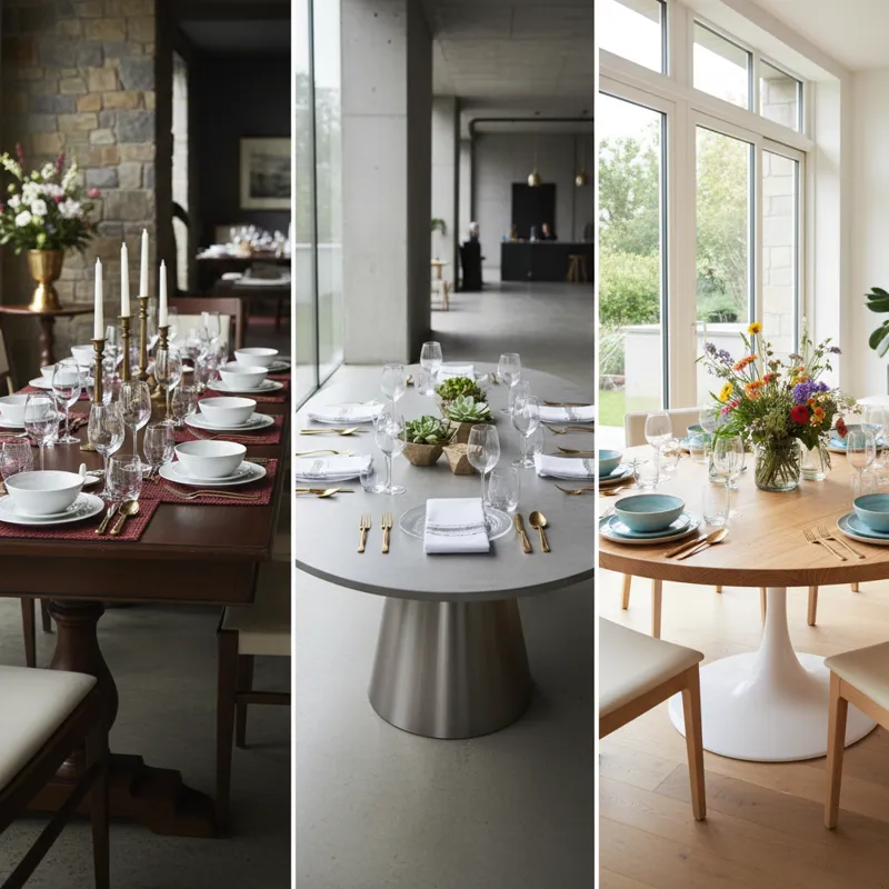 A diverse collage of dining tables for 12: one rectangular made of dark wood, one oval with a modern metal base, and one large round table in a bright