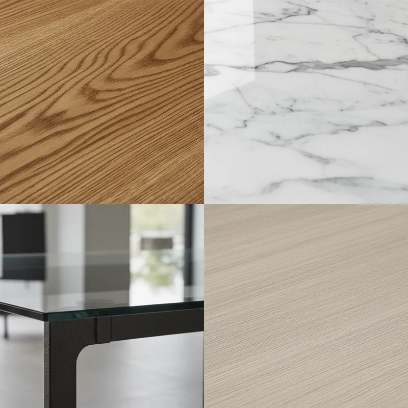 A close-up collage showing different dining table materials: rich solid oak grain, sleek polished marble, dark metal base with glass top, and a light