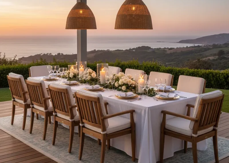 Spacious dining set for 12 people featuring a long rectangular table and twelve matching chairs in a modern dining room.