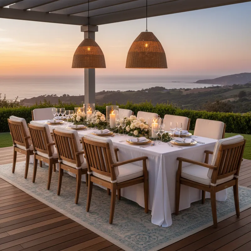 Spacious dining set for 12 people featuring a long rectangular table and twelve matching chairs in a modern dining room.