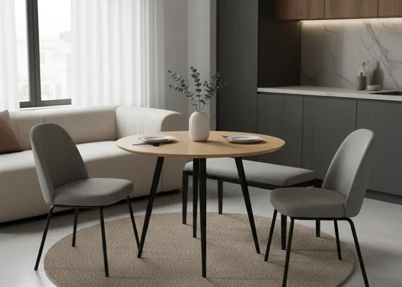 A modern compact dining set for a studio apartment, featuring a small rectangular table and two chairs in a minimalist living space.