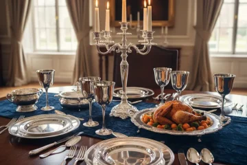 Modern silver dining set with a rectangular table and four matching chairs, featuring a sleek metallic finish and contemporary design, suitable for a stylish dining room.