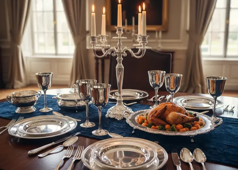 Modern silver dining set with a rectangular table and four matching chairs, featuring a sleek metallic finish and contemporary design, suitable for a stylish dining room.