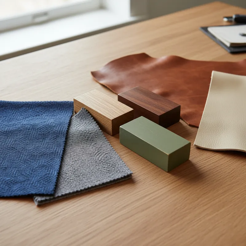 Close-up of different upholstery samples (fabric, leather) and wood finishes suitable for dining settees.
