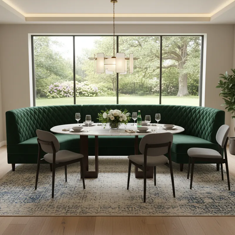 Modern upholstered dining settee sofa with tufted backrest and plush cushions, perfect for comfortable banquette seating in a kitchen or dining room.