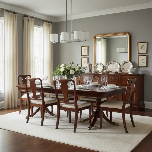 Elegant wooden dining table with chairs and a matching buffet set in a modern dining room.