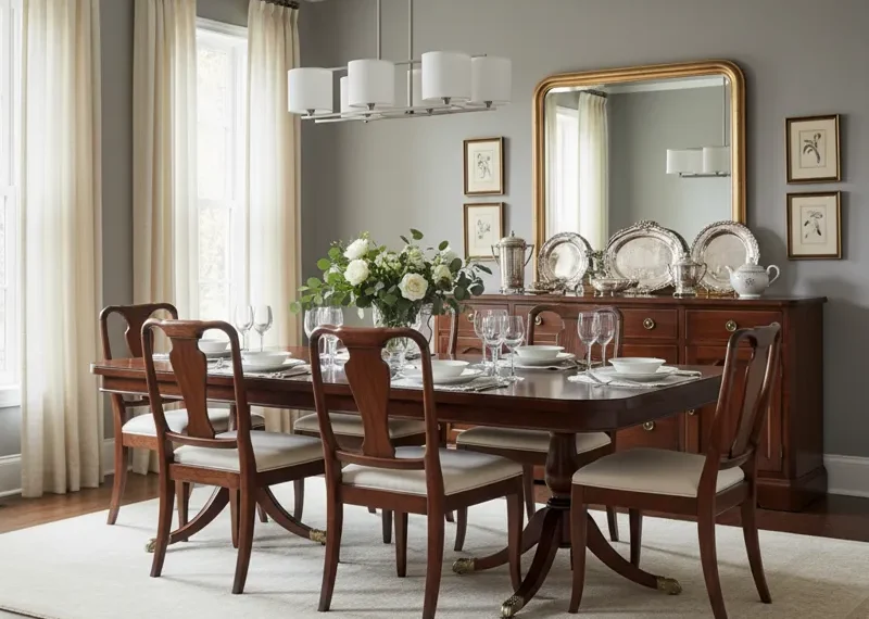 Elegant wooden dining table with chairs and a matching buffet set in a modern dining room.