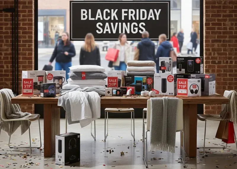 Modern black dining table with chairs, set for a Black Friday furniture sale with significant discounts.