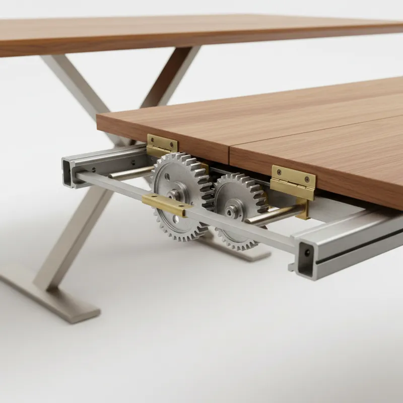 A detailed close-up shot of an extendable dining table's mechanism, showing how a butterfly leaf folds and unfolds smoothly, highlighting precision en