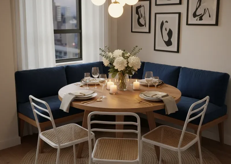 Compact dining table for 6 people in a small apartment or kitchen space, showcasing a modern, space-saving design perfect for efficient living.