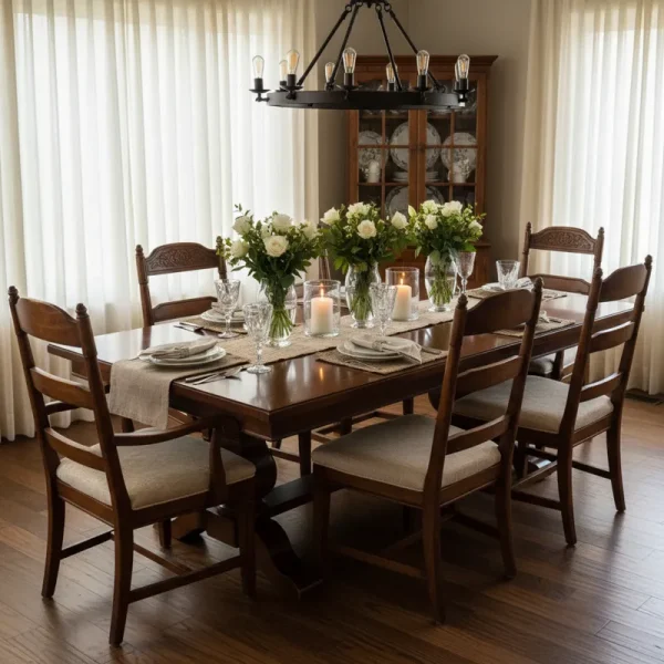 Hardwood dining table for 6 with six matching wooden chairs, showcasing a natural wood finish.