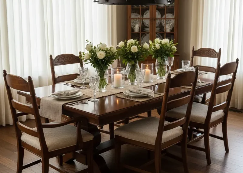 Hardwood dining table for 6 with six matching wooden chairs, showcasing a natural wood finish.