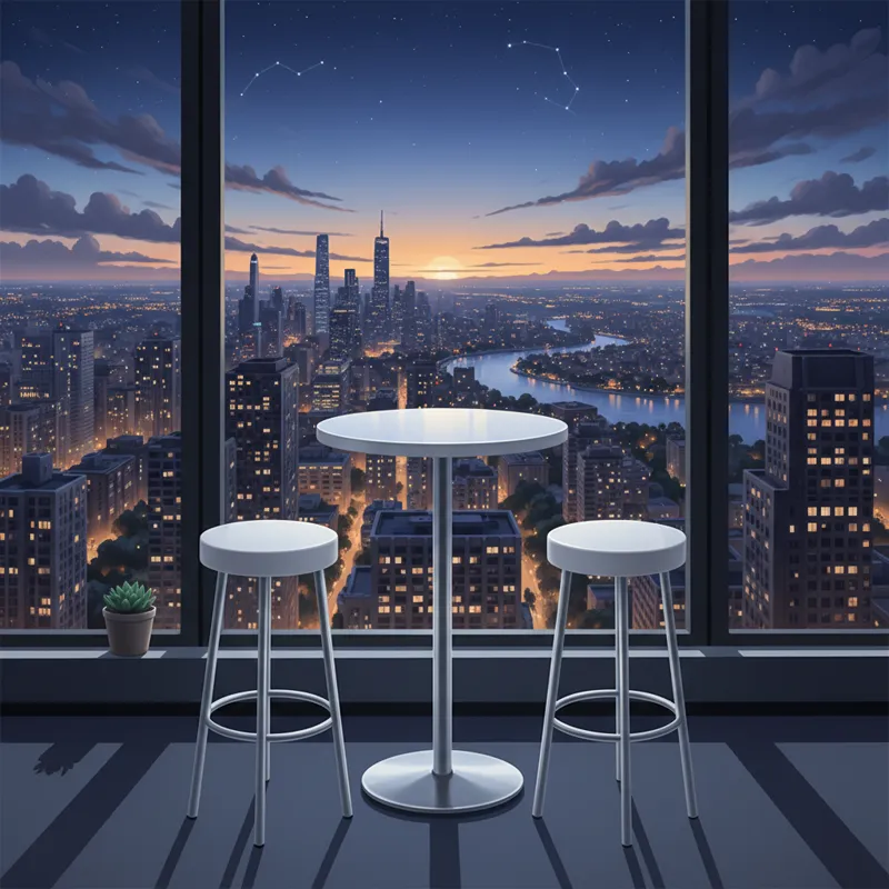 A compact bar-height dining table with two backless bar stools, placed against a window overlooking a city skyline. The table has a high-gloss white t