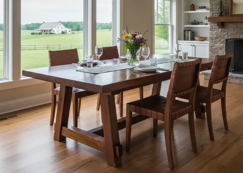Solid wood dining table, expertly crafted in the USA, featuring a spacious rectangular top and sturdy legs, showcasing American craftsmanship.