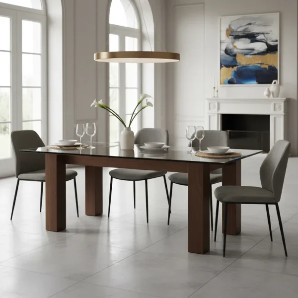 Modern dining table featuring a sleek, transparent glass top supported by a sturdy, natural wood base, showcasing a blend of contemporary and classic materials.