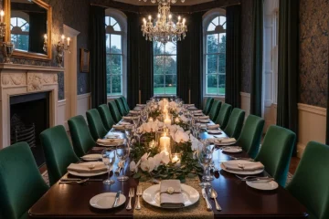 A long, elegant dining table meticulously set with sixteen chairs and full place settings, ready for a large gathering or special event.