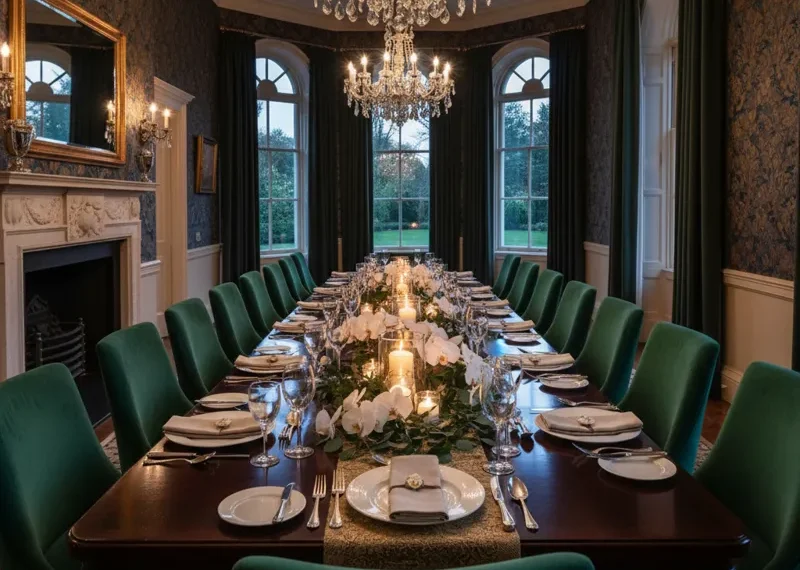 A long, elegant dining table meticulously set with sixteen chairs and full place settings, ready for a large gathering or special event.