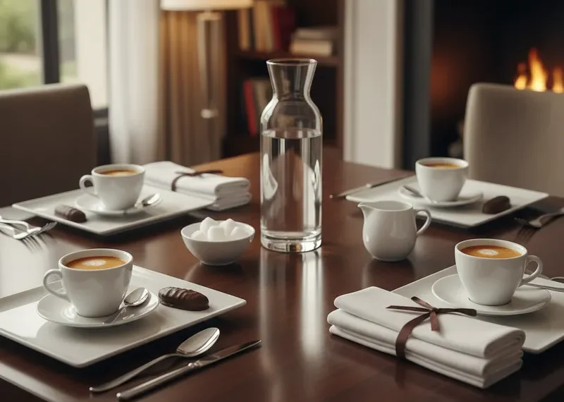 Espresso finish dining table set with four modern chairs in a contemporary dining room setting.