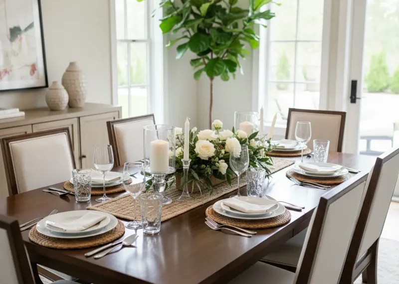Elegant modern dining table set for 6 people with six chairs, featuring place settings, ready for a meal in a well-lit dining room.