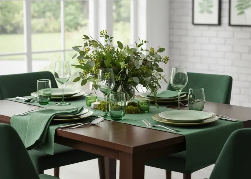 Modern dining table set with four emerald green velvet chairs and a minimalist wooden table, suitable for a contemporary dining room.