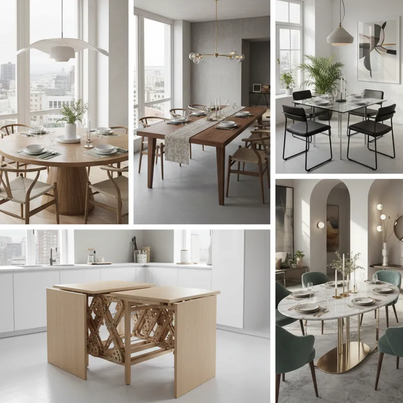 A diverse collage of dining table shapes (round, rectangular, square, oval, expandable) set in modern, well-lit dining rooms.