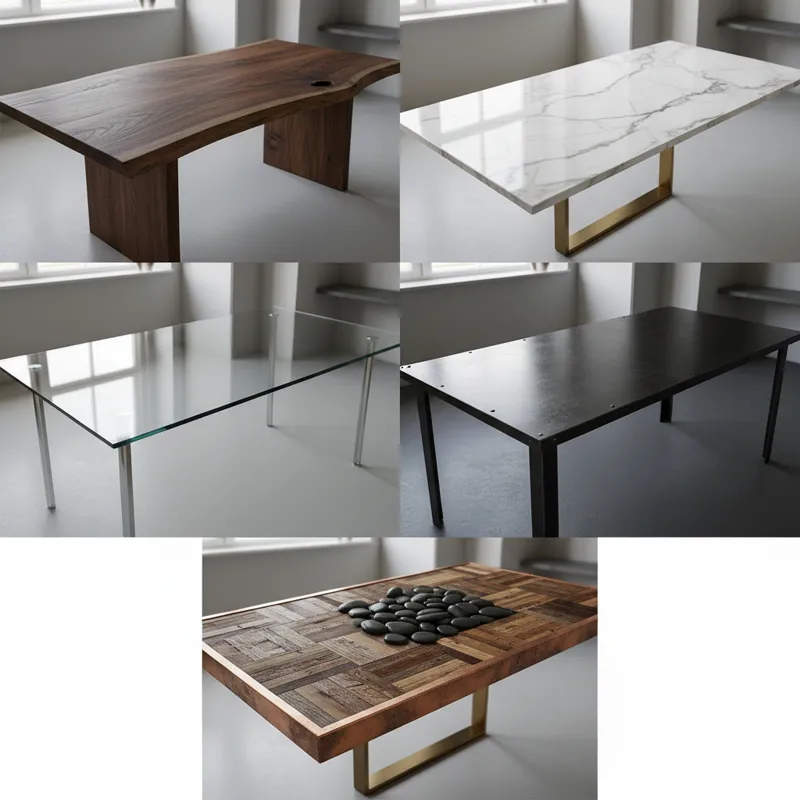 A collage showcasing different dining table materials: solid wood, glass, metal, marble, and a mix of materials, each highlighting texture and finish.