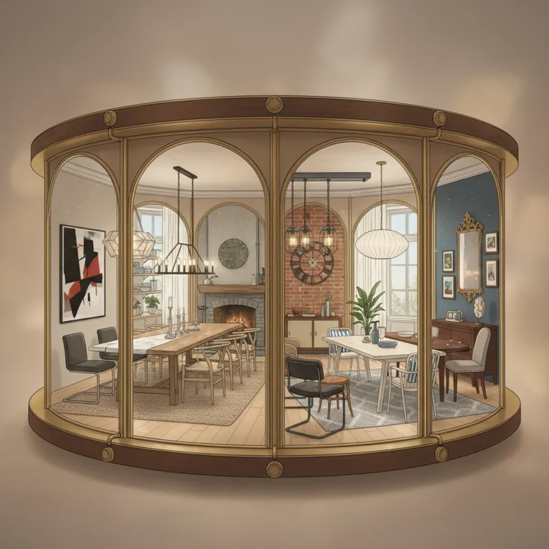 A carousel of distinct dining room interiors, each featuring a different prominent dining table style: Modern, Farmhouse, Industrial, Mid-Century Mode