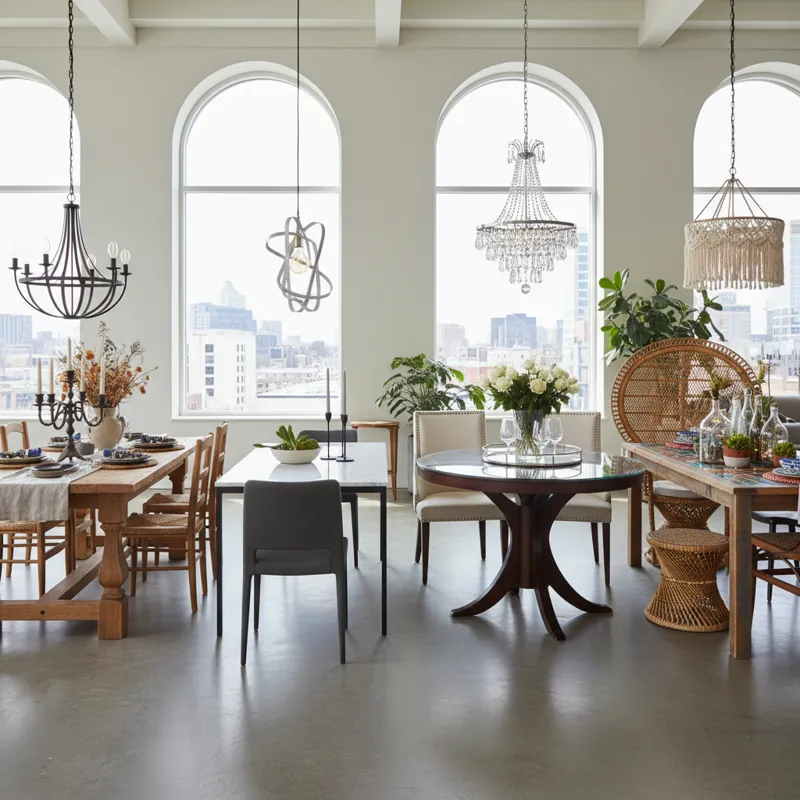 An array of diverse dining table styles, showcasing modern minimalist designs, rustic farmhouse tables, elegant traditional options, and industrial chic looks, with varying materials and shapes.