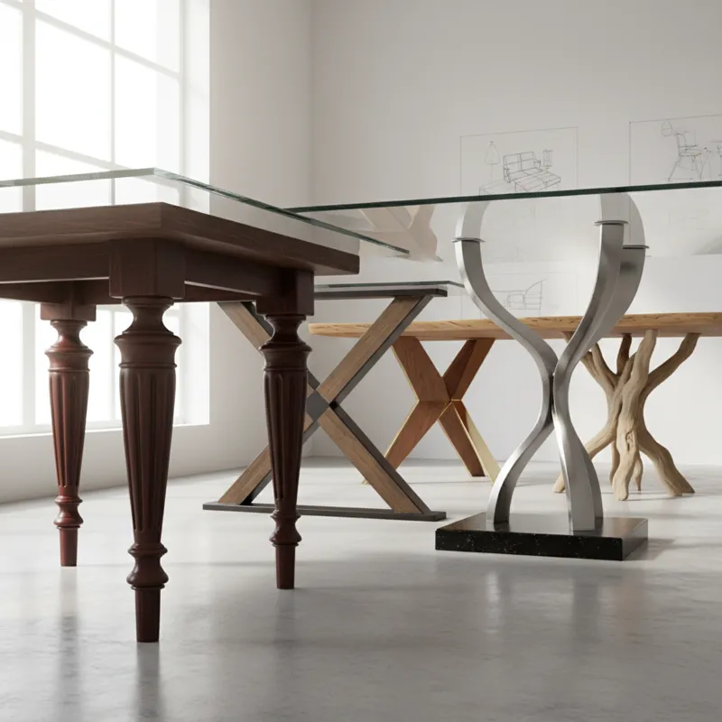 A well-lit image showcasing various styles of dining table legs, from classic four-post to modern pedestal, emphasizing their structural integrity and