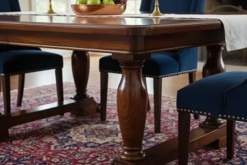 Modern rectangular wooden dining table with sturdy, tapered wooden legs in a bright dining room setting.
