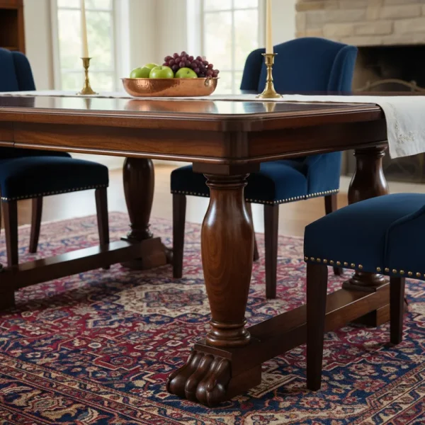 Modern rectangular wooden dining table with sturdy, tapered wooden legs in a bright dining room setting.