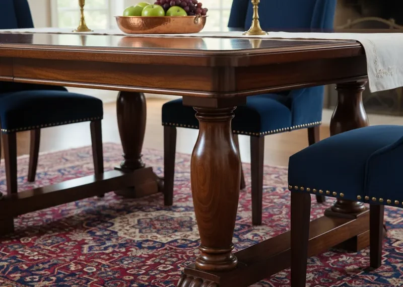 Modern rectangular wooden dining table with sturdy, tapered wooden legs in a bright dining room setting.