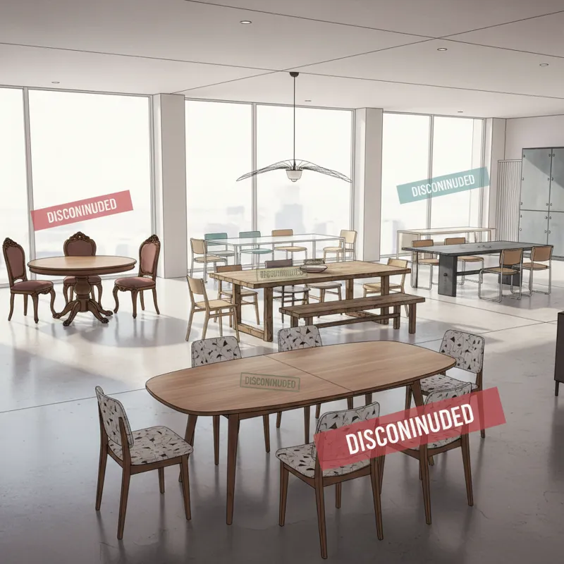 A detailed image showing various dining room sets from different eras, with some having a