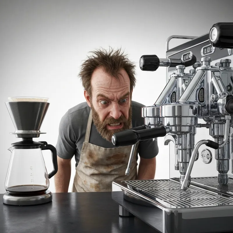 A slightly comical image of a person looking frustratedly at a very complex, beautiful chrome espresso machine while a simple, reliable drip coffee ma