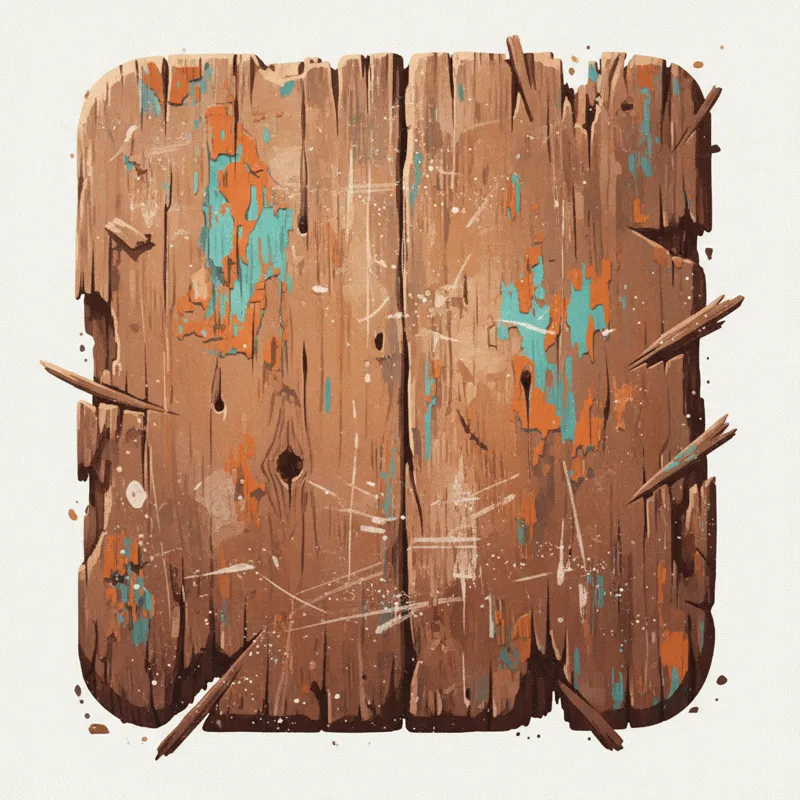 A close-up of a distressed wood surface showing intentional marks, paint chipping, and worn edges.