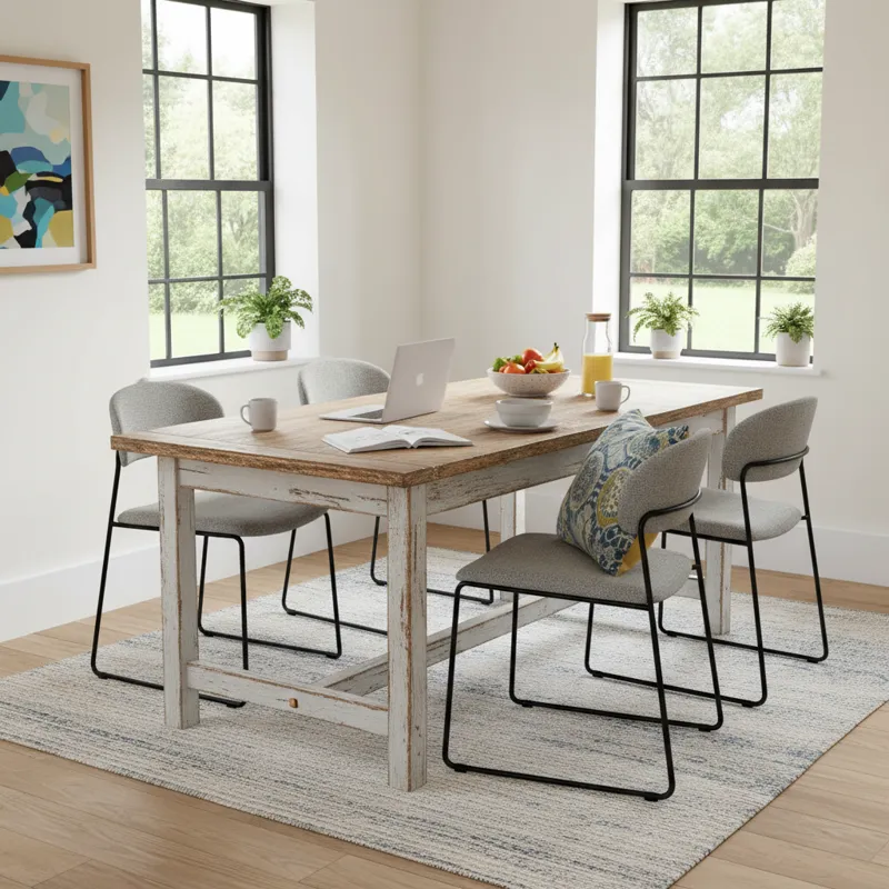 A bright kitchen nook featuring a distressed breakfast table surrounded by modern chairs, showcasing its versatility.