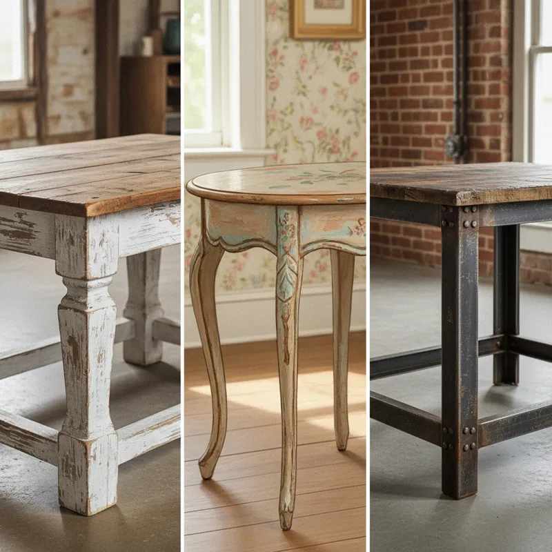 A collage or side-by-side comparison of different distressed table styles: farmhouse, shabby chic, and industrial.