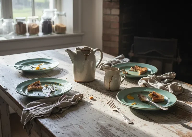 Distressed wooden breakfast table with peeling white paint, set with a vintage teacup, a small plate with a croissant, and a morning newspaper, bathed in soft, natural light.