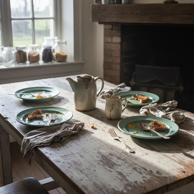 Distressed wooden breakfast table with peeling white paint, set with a vintage teacup, a small plate with a croissant, and a morning newspaper, bathed in soft, natural light.