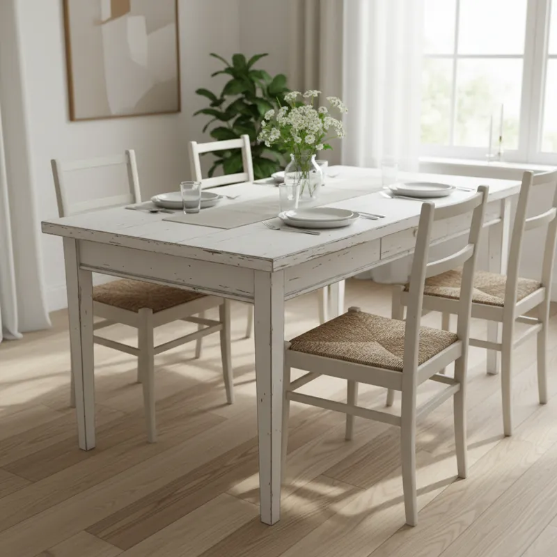 A beautifully lit, bright photograph of a distressed white dining table with visible but subtle signs of wear, showcasing chipped paint, minor scuffs,