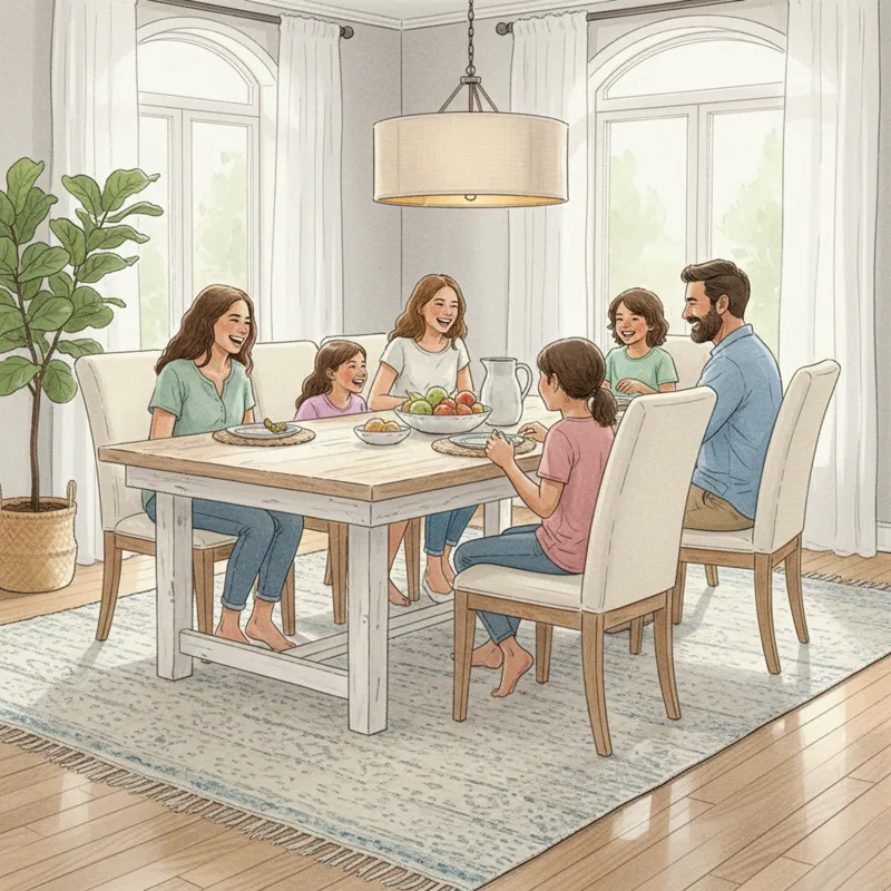 A bright and airy dining room featuring a family gathered around a distressed white dining table, emphasizing its inviting and durable nature. The tab
