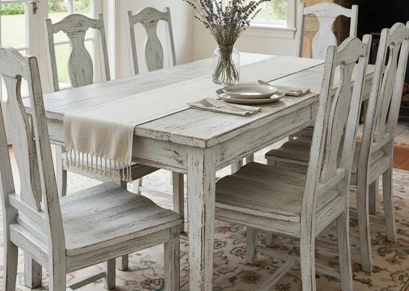 Distressed white dining table with a rustic, farmhouse-style finish and visible signs of vintage wear.