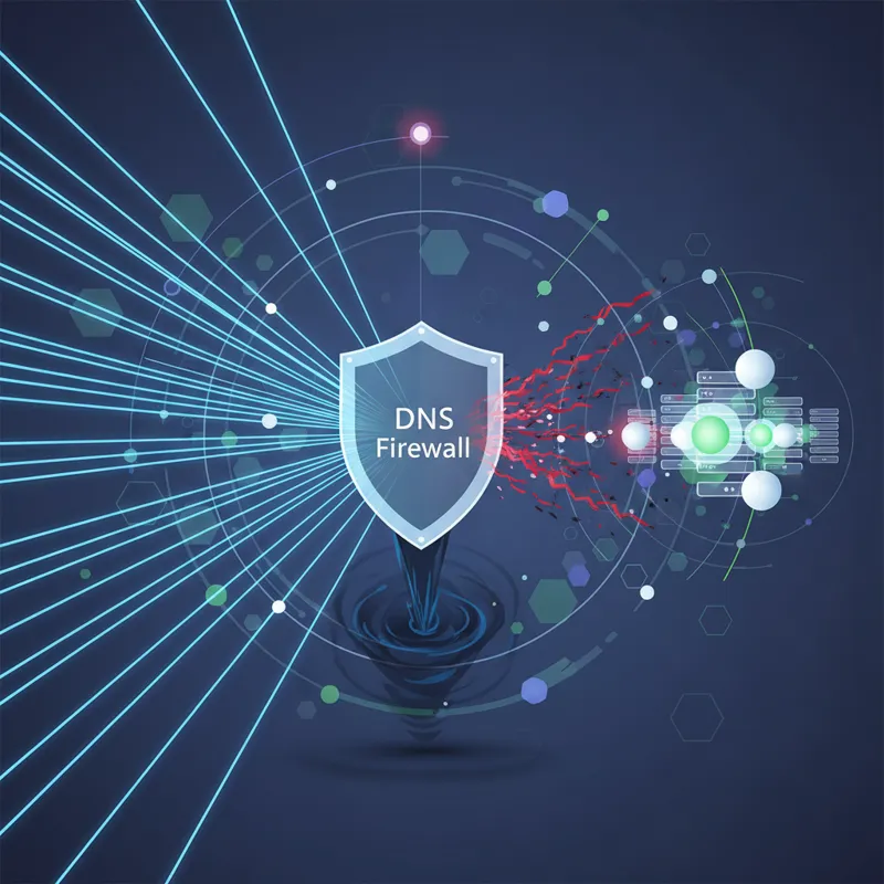 An abstract illustration showing the flow of DNS queries with a central