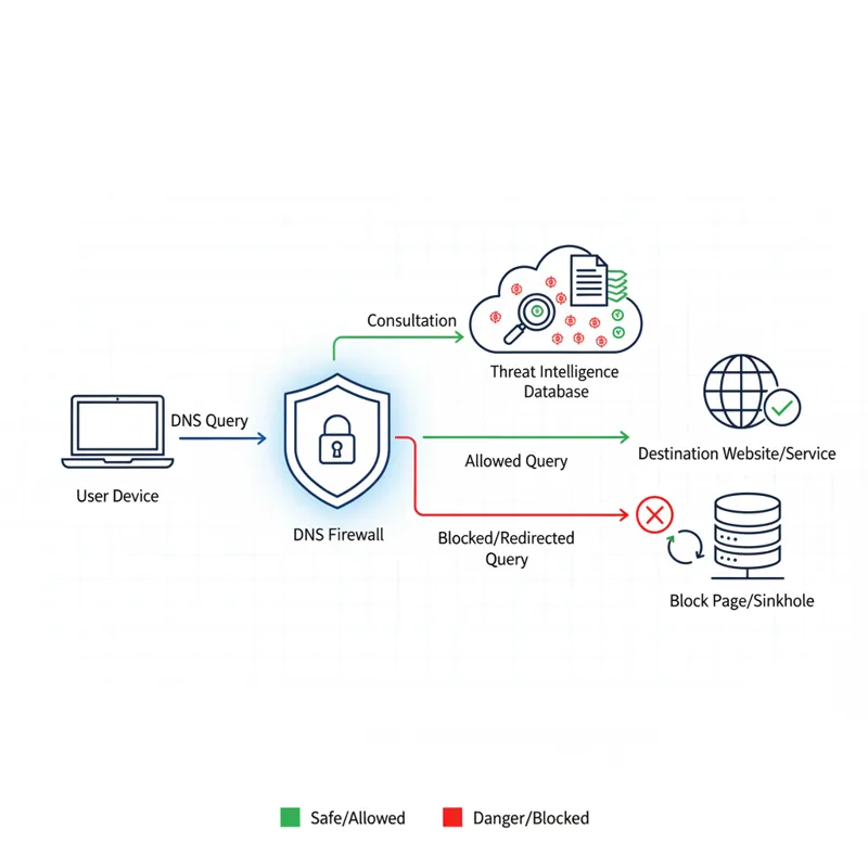 A detailed diagram showing a DNS query originating from a user device, passing through a DNS Firewall, which then consults a threat intelligence datab