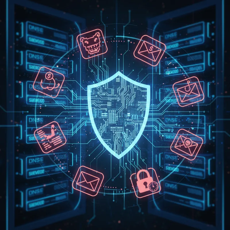 A cybersecurity shield icon with various threat icons (malware, phishing, ransomware) bouncing off it, symbolizing protection. The shield is subtly in